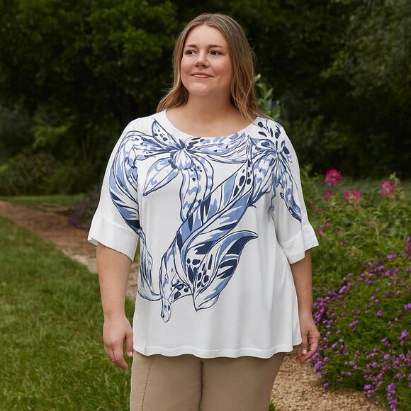 Chico's Top NWT Women's Size 4 (2x) Bateau Neck Pima Cotton Floral Short Sleeve - Picture 1 of 8